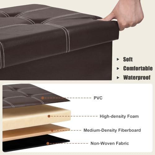 30 Inches Folding Storage Ottoman Bench, Faux Leather Footstool Ottoman, Storage Trunk Footrest for Bedroom, Living Room and Hallway, Support 350lbs, Brown (White line)