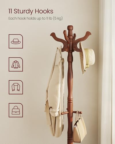 VASAGLE Freestanding Coat Rack, Rubber Wood Coat Tree with 11 Hooks