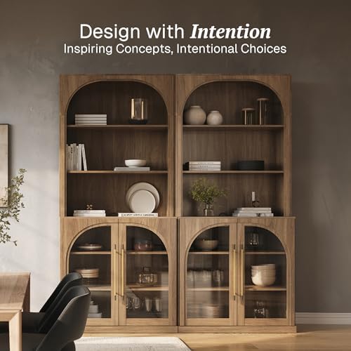 BELLEZE Glass Display Curio Cabinet Set of 2, 72" Tall Modern Wood 6-Tier Shelf Storage with Sturdy Aluminum Handle, Bookshelf Bookcase for Office, Living Room, Camel