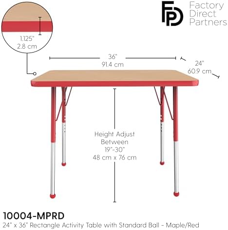 FDP 24" x 36" Rectangle Table with Ball Glide Legs - Maple/Red, 10004-MPRD