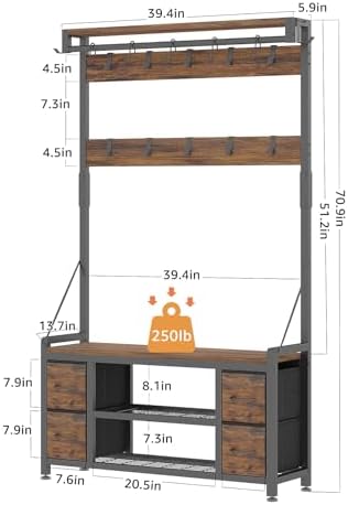 39" Hall Tree with Storage Coat Rack freestanding Entryway Furniture Bench, 5 in 1 Design Front Door Shoe Rack and Wall Rack Hooks, and 4 Drawers (Rustic Brown)