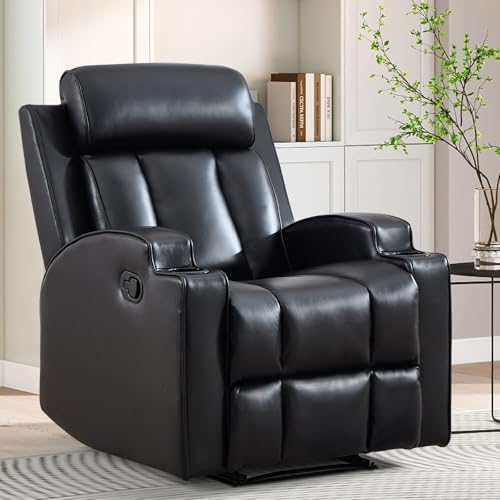 HAOMARKETS Premium PU Leather Manual Recliner Chair for Adults, Overstuffed Recliners with Cup Holders and Padded Backrest, Single Heavy Duty Reclining Sofa for Living Room Bedroom, Black