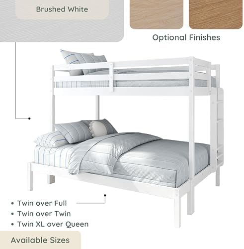 Grain & Grove Bear Twin Over Full Bunk Bed, Sturdy Bunk Bed Frame for Kids, Plywood Bunk with Ladder, Guardrail, and Slats, No Box Spring Required, Brushed White