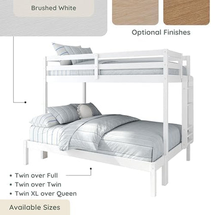 Grain & Grove Bear Twin Over Full Bunk Bed, Sturdy Bunk Bed Frame for Kids, Plywood Bunk with Ladder, Guardrail, and Slats, No Box Spring Required, Brushed White