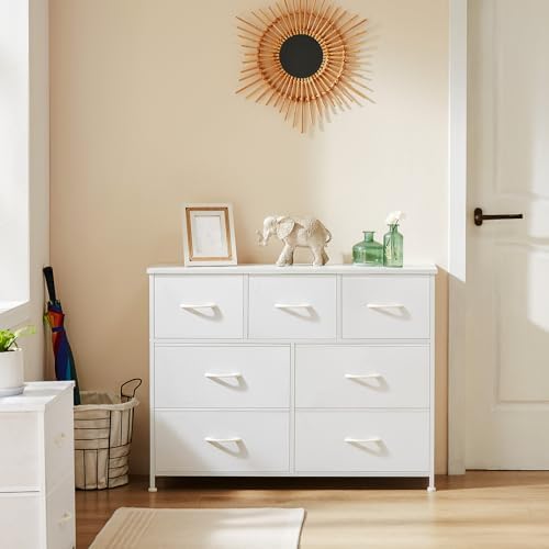 OLIXIS 7 Drawer Fabric Dresser for Bedroom, Clothes Storage Tower, White