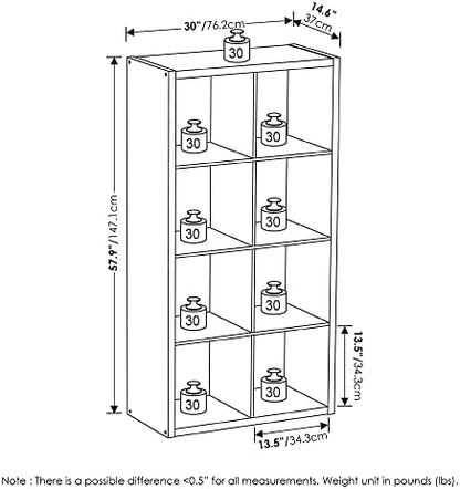 8-Cube Cubicle Bookshelf, Cube Bookcase with Open Back, Reversible Book Shelf, Cube Storage Organizer, 15 x 30 x 58, for Living Room, Home Office, White