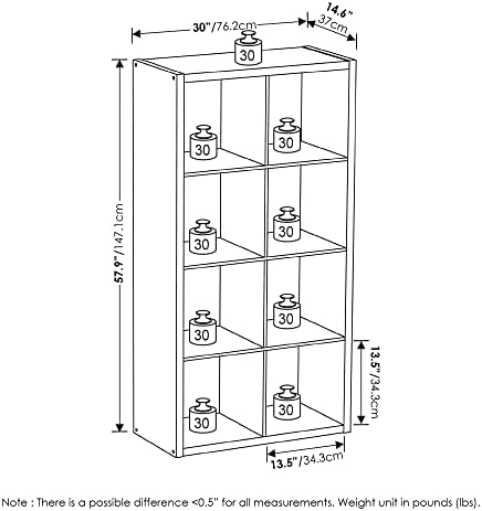 8-Cube Cubicle Bookshelf, Cube Bookcase with Open Back, Reversible Book Shelf, Cube Storage Organizer, 15 x 30 x 58, for Living Room, Home Office, White