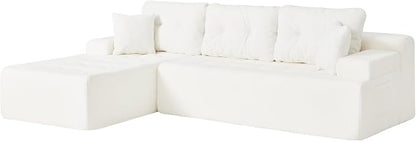 Hobestluk Modular Sectional Sofa Couches L-Shape Couch 3 Seat Modular Sofa Memory Foam Sectional Couches for Living Room, Cloud Couch with Oversized Chaise (White Tufted, 108", Left Hand Facing)