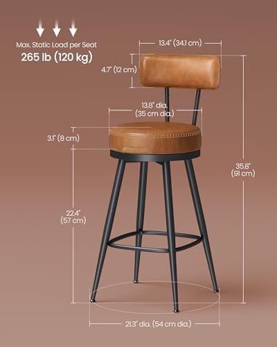 VASAGLE Bar Stools Set of 2, Swivel Counter Height with Back, 25.6-Inch