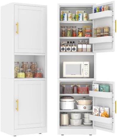 67" Tall Narrow Storage Cabinet, Metal Freestanding Pantry Cabinet with Adjustable Shelves, Multi Door Slim Organizer Fit for Microwave, Kitchen, Bathroom(White)