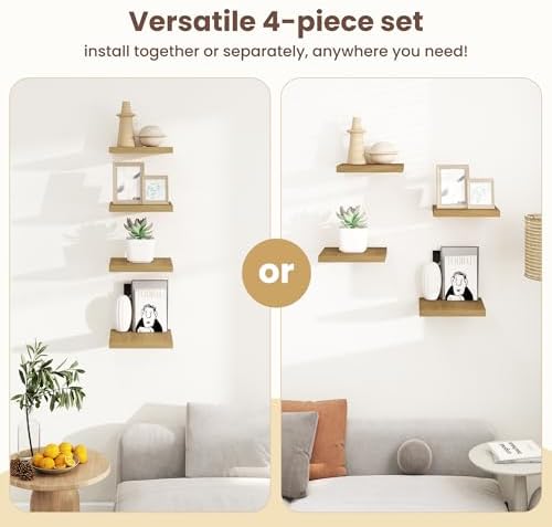 Square Floating Shelves for Wall - 9.3 Inch Deep Floating Shelves with Invisible Brackets, Oak Small Wall Shelf for Living Room, Bathroom, Bedroom, and Kitchen Decor Set of 4