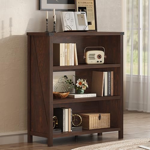 Small 3 Tier Bookshelf, Short Wood Bookcase, Brown Cherry, 36"