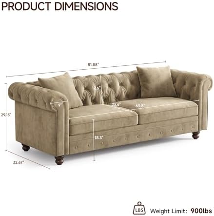 ONBRILL 82 Inch Chesterfield Sofa, 23 Inch Deep Seat Velvet Couch for Living Room, Button Tufted Couch with Rolled Arms, 2 Throw Pillows, Comfy Vintage Loveseat Sofa for Apartment, Taupe