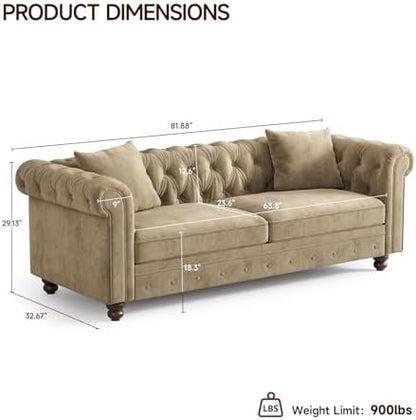 ONBRILL 82 Inch Chesterfield Sofa, 23 Inch Deep Seat Velvet Couch for Living Room, Button Tufted Couch with Rolled Arms, 2 Throw Pillows, Comfy Vintage Loveseat Sofa for Apartment, Taupe