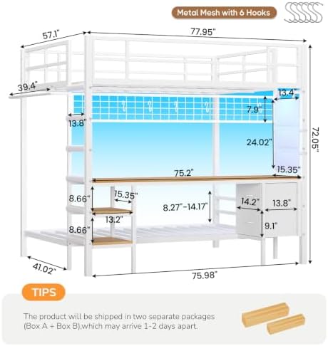 Bunk Bed Full Over Twin with Desk, Led Lights and Charging Station,White