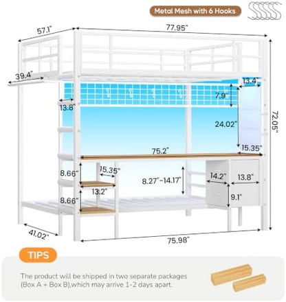 Bunk Bed Full Over Twin with Desk, Led Lights and Charging Station,White