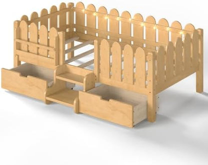 Bellemave Twin Size Platform Bed with Storage Drawers & Bookshelf for Boys Girls, Kids Twin Bed Frame with LED Lights & Stairs for Children's Room, Natural