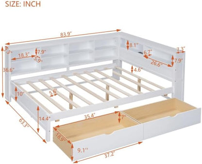 Bellemave Full Corner Bed Frame, Wood Full Size Daybed with L-Shaped Bookcase and 2 Drawers，Daybed with Storage Cabinets, White
