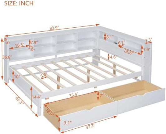 Bellemave Full Corner Bed Frame, Wood Full Size Daybed with L-Shaped Bookcase and 2 Drawers，Daybed with Storage Cabinets, White