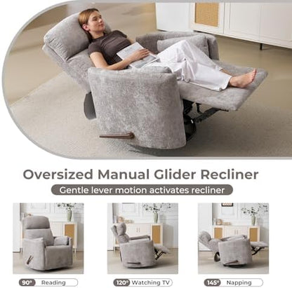 Oversized Swivel Rocker Recliner Chair with Massage and Heat, Manual Swivel Glider Rocker Recliner with 2 Bolster Pillows, Rocking Nursery Chair with Storage Ottoman , Adjustable Headrest, Light Grey