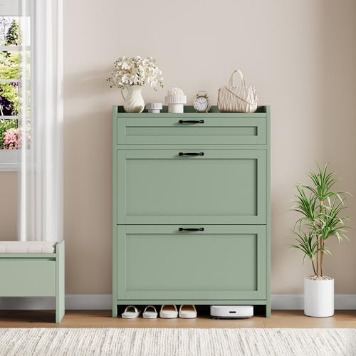 Garvee Shoe Cabinet with 2 Flip Drawers & 1 Top Drawer, Wooden