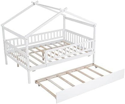 Merax Full Size Wooden House Bed with Twin Size Trundle, Wood Bed Frame with Roof and Safety Guardrail for Kids, Teens, Boys or Girls, White