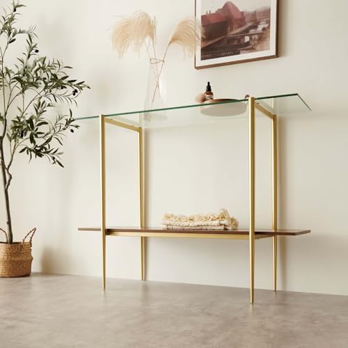 Glass Console Table for Living Room, Foyer & Entrance, 2-Tiers Mid-Century Modern Sofa Table with Clear Glass Top, Walnut Finish Wood Top and Gold Finish Metal Frame