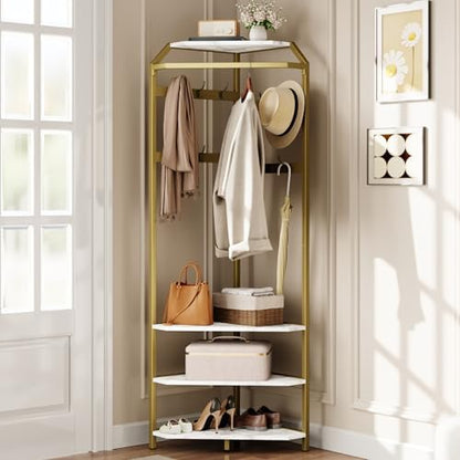 Garvee Corner Coat Rack, Freestanding Hall Tree with 12 Double-Row Hooks & 4 Shelves, Clothes Rack Shoes Shelf Organizer for Entryway, Hallway, Closet (White & Gold)