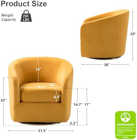 HULALA HOME Swivel Accent Chair with Gold Metal Base, Set of 2 Contemporary Velvet Curved Swivel Barrel Chair, Upholstered Club Armchair, Leisure Single Sofa for Living Room, Nursery, Bedroom(MUSTARD)