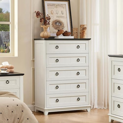 Joaxswe Farmhouse 5 Drawer Dresser for Bedroom Set of 2, 42" Tall Small Dressers & Chest of Drawers, Rustic Wood Dresser with Metal Handle, Storage Organizer Closet for Living Room, Hallway,Entryway