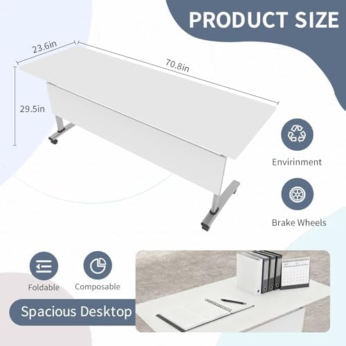 Folding Conference Room Tables, Modular Seminar Conference Table Modern Flip Top Training Meeting Tables, Conference Room Table with Wheels for Home Office Classr, 2 Pack 70.8inch