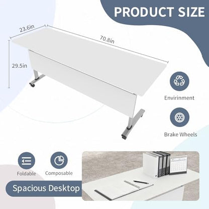 Folding Conference Room Tables, Modular Seminar Conference Table Modern Flip Top Training Meeting Tables, Conference Room Table with Wheels for Home Office Classr, 2 Pack 70.8inch