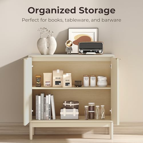 Fluted Buffet Cabinet with Storage, Small Accent Cabinet, Beige