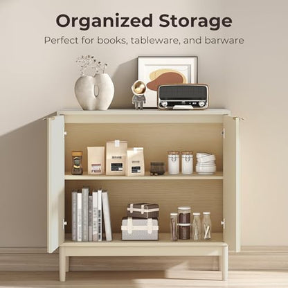 Fluted Buffet Cabinet with Storage, Small Accent Cabinet, Beige
