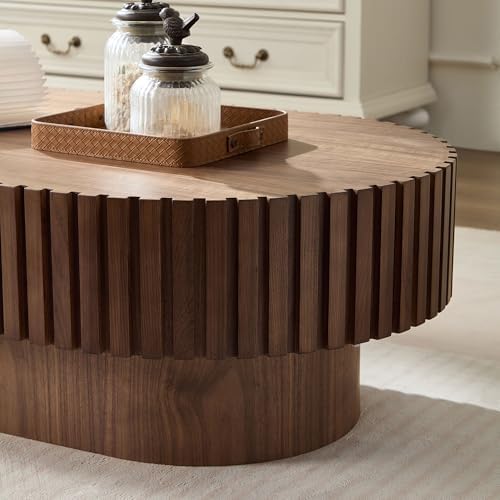 44" Handcraft Drum Oval Wooden Coffee Table with Sturdy MDF Pedestal, Modern Style Solid Wood Relief Coffee Table, Easy Assembly, for Living Room, Bedroom, Reception Room, Walnut