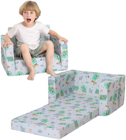 lasoftan Kids Sofa for Toddler, 2-in-1 Toddler Couch Fold Out, Convertible Sofa to Lounger Bed for Girls and Boys, with Removable Cover & Double Pockets - Gray Dinosaur