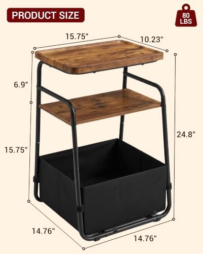 Small Nightstand with Storage, Bedroom Side Table with Fabric Drawer, 3 Tier Bedside Table for Small Spaces, Couch Side Table with Handle, Brown