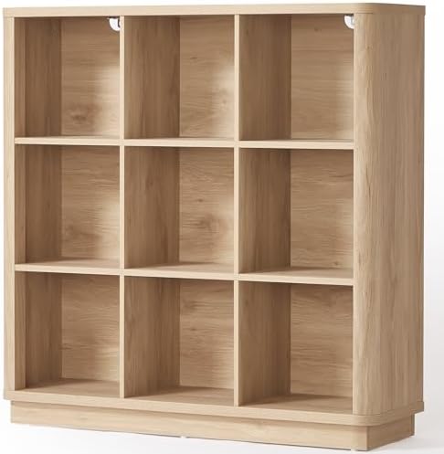Joaxswe 9 Cube Storage Book Shelf, 41" Tall Organizer Bookshelf with Curved Edge, Modern Floor Standing 3-Tier Cubby Bookcase with Base, Wood Display Book Case for Living Room, Home Office,Natural Oak