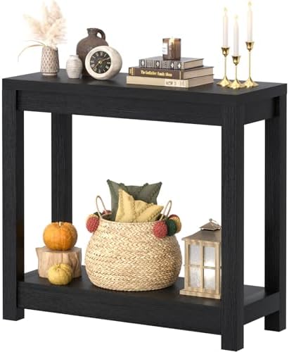 Besiost Small Farmhouse Wood Entryway Table Narrow Console Table with Storage Behind Couch Sofa Table with Shelves Entry Way Table with Open Storage, Easy Assembly, 32" Embossed Wood Grain Black