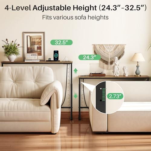 Kitstorack 102.3" Extra-Long Behind Couch Table, Height Adjustable Narrow Console Table with 2 Power Strips, Anti-Tip Wall Screws, Rustic Brown Finish, Split Design for Flexible Use