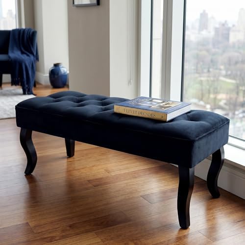 JHY DESIGN 40" L Dutch Velvet Ottoman Bench Upholstered End of Bed Bench with Wooden Legs and Button-Velvet Soft Bench for Bedroom Entryway Sofa Living Room Balcony Hallway (Navy Blue)