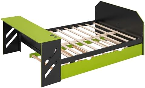 DNYN Full Size Wood Daybed with Trundle(Twin) for Kids Bedroom,Gaming Style Solid Wood Bedframe w/Desk & USB Port,Easy Assembly & No Box Spring Needed, Green