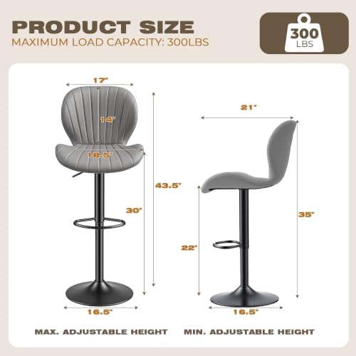 Bar Stools Set of 4, Modern Swivel Adjustable Bar Chairs, Faux Leather Upholstered Counter Height Bar Stools with Backrest, Comfort Barstools for Kitchen Island, Home Bar, Light Gray