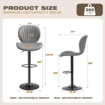 Bar Stools Set of 4, Modern Swivel Adjustable Bar Chairs, Faux Leather Upholstered Counter Height Bar Stools with Backrest, Comfort Barstools for Kitchen Island, Home Bar, Light Gray