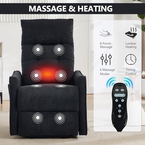 Trustyue Power Lift Recliner Chair with Heat and Massage, Lift Chairs for Standing Assistance,Small Lift Chair for Petite Elderly with Side Pocket Remote Control Fabric Black