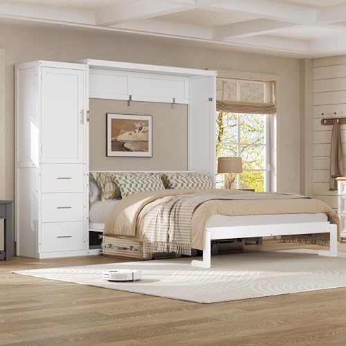 MERITLINE Queen Murphy Bed with Storage Drawers and Wardrobe,Solid Wood Farmhouse Horizontal Murphy Wall Bed Cabinet with Drawers for Bedroom Office Guest Room, Foldable