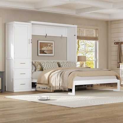 MERITLINE Queen Murphy Bed with Storage Drawers and Wardrobe,Solid Wood Farmhouse Horizontal Murphy Wall Bed Cabinet with Drawers for Bedroom Office Guest Room, Foldable
