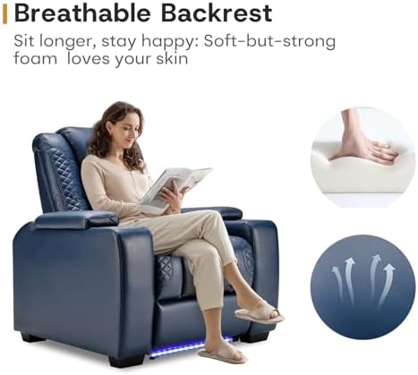 ANJ Power Home Theater Seating Set of 3, Blue Faux Leather Electric Recliner Chair with Adjustable Headrest, Dual Motors Movie Reclining Chairs with LED Lights,USB port,Cup Holders, Hidden Arm Storage