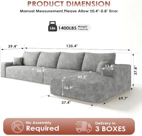Boneless Couch, Sectional Cloud Couch Sofa for Living Room