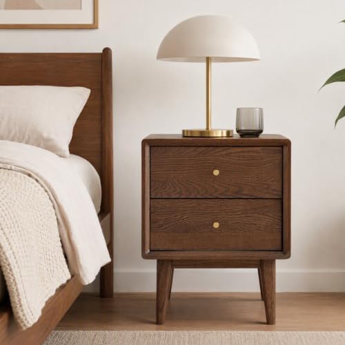 100% Solid Wood Nightstand, Walnut Nightstand with 2 Drawers, Mid Century Modern Night Stand, Oak Nightstands, Wooden Nightstands for Low Bed, Small Bedside Tables for Bedroom(19.69" H)